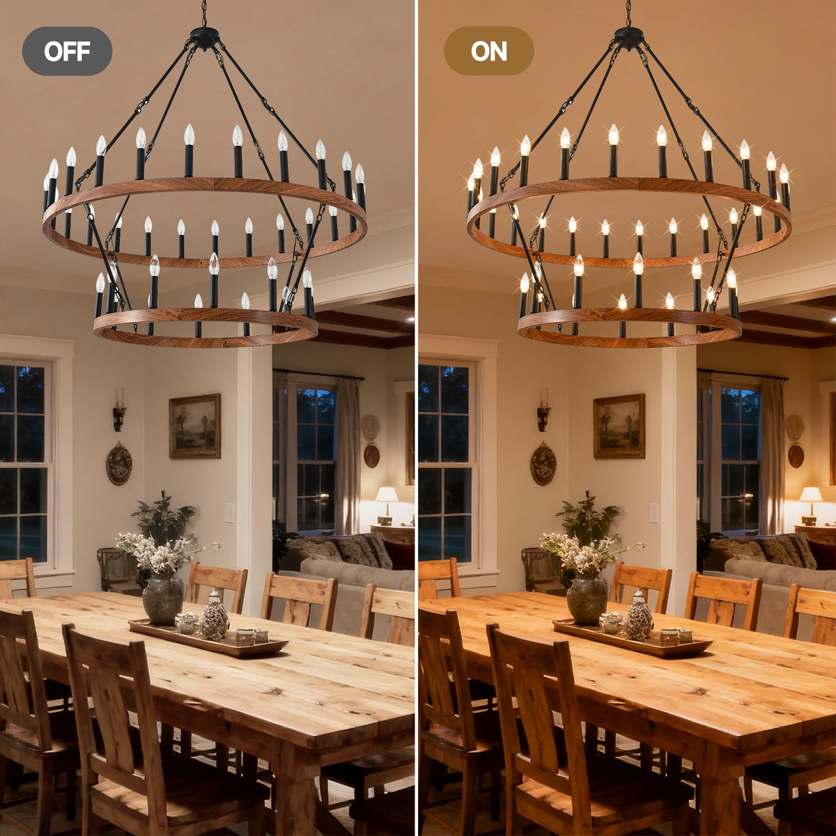 47.24 Inch Large Wagon Wheel Chandelier with 36 Lights - Wood Grain Finish