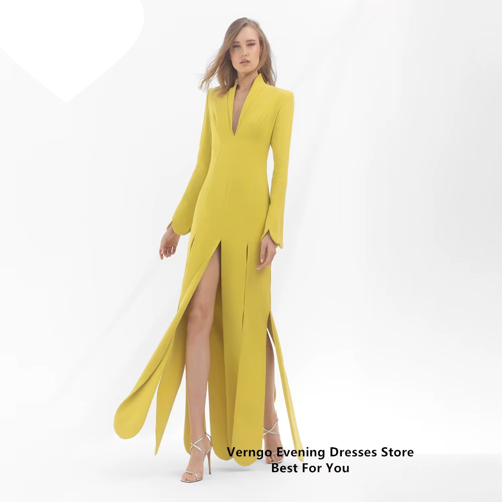 Yellow Soft Satin Long Sleeve Formal Split A Line Gown V Neck Dress