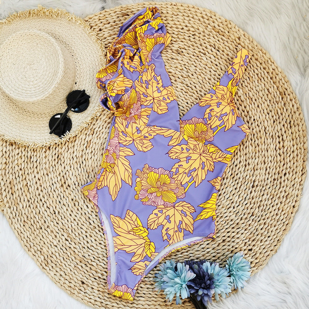 New One-Shoulder Ruffled Deep V-Neck Printed One-Piece Swimsuit Women's Backless Sexy Triangle Swimsuit