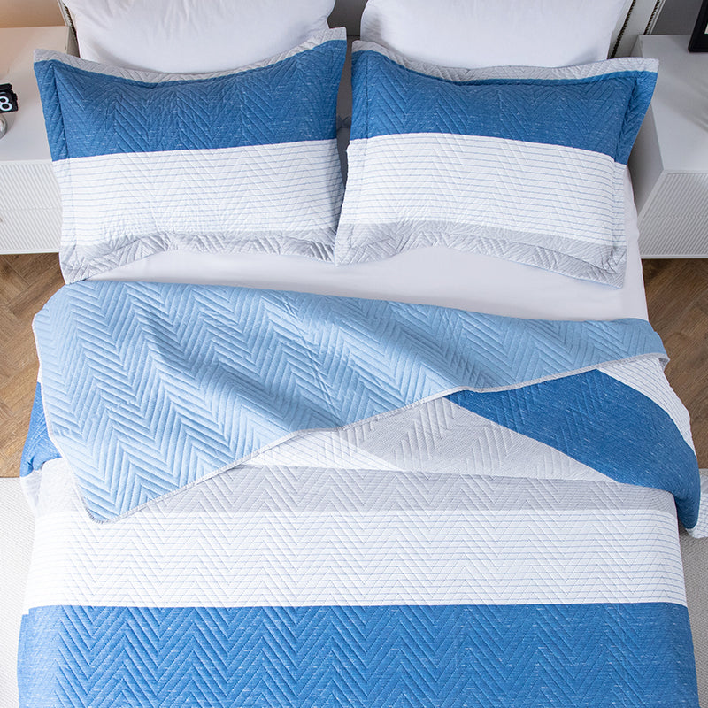 Lightweight Reversible Stripe Quilt Set Bedding- Sky Blue and Ivory White, Room Decor, Graduation Gifts, Father's Day Gift