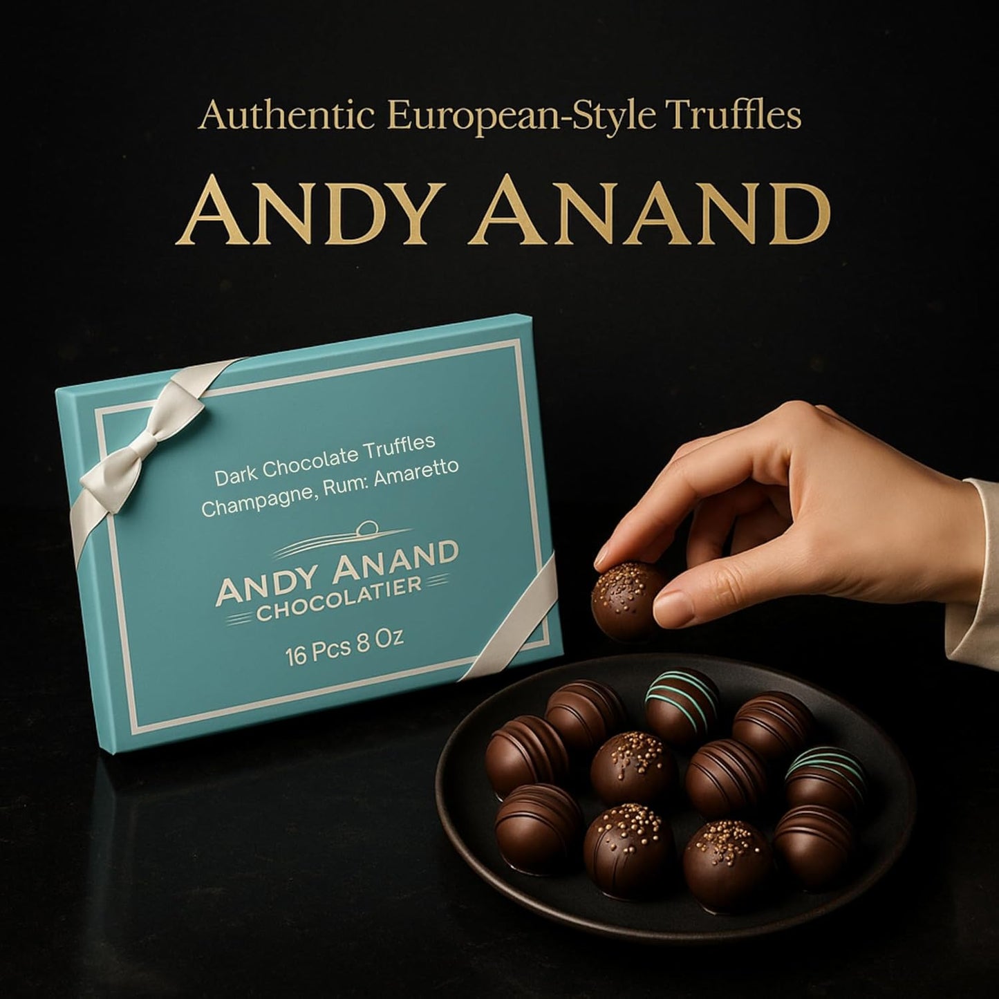 Andy Anand Gluten Free Belgian Dark Chocolate Truffles – Champagne, Rum, Amaretto & Black Forest, 16 Pc Gift Box, 8 Oz