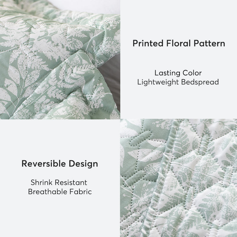 Lightweight Botanical Green Floral Quilt Set - Light All Season Bedding, Room Decor, Graduation Gifts