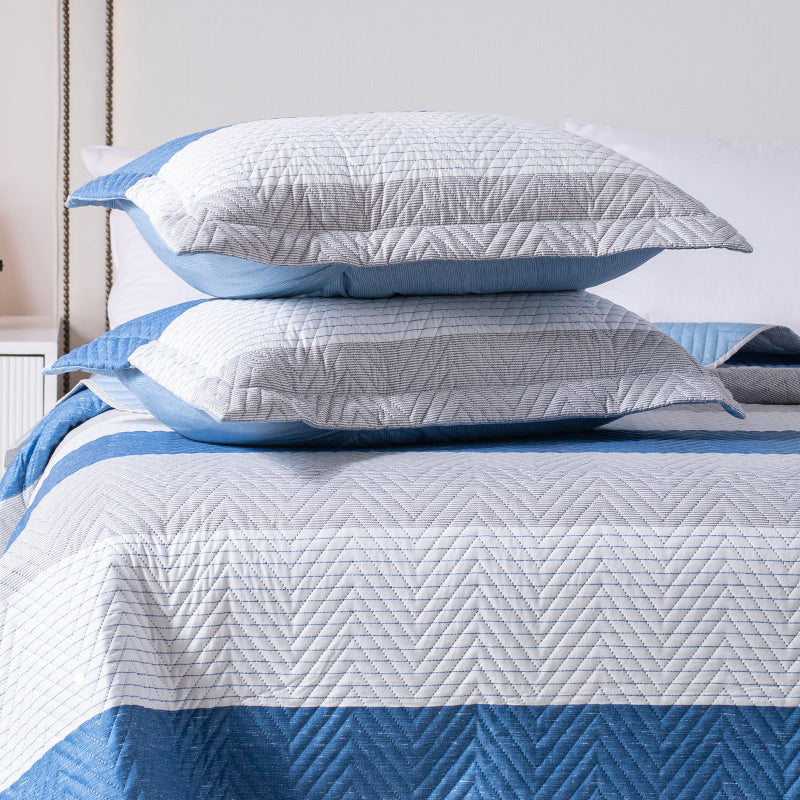 Lightweight Reversible Stripe Quilt Set Bedding- Sky Blue and Ivory White, Room Decor, Graduation Gifts, Father's Day Gift