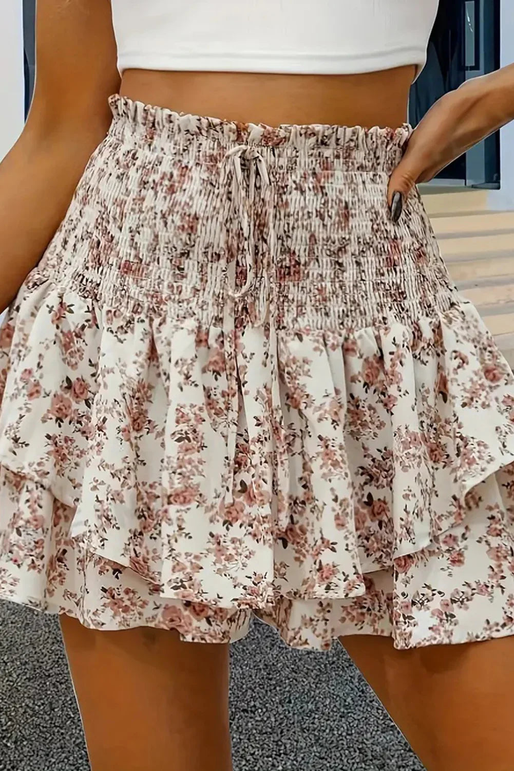 Apricot Floral Printed Drawstring Elastic Waist Layered Skirt