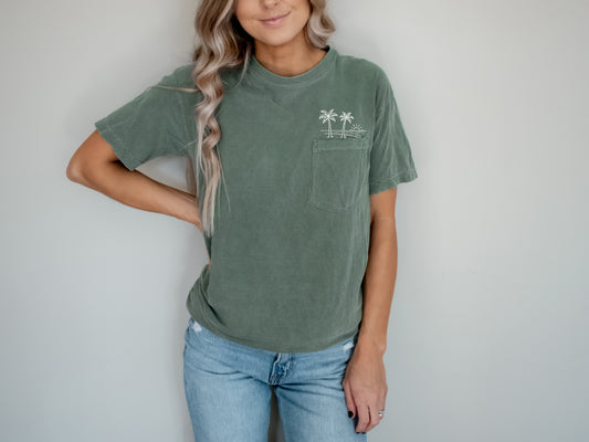 Palm Tree and Beach Comfort Colors Pocket T Shirt | Nature, Camping, Lake