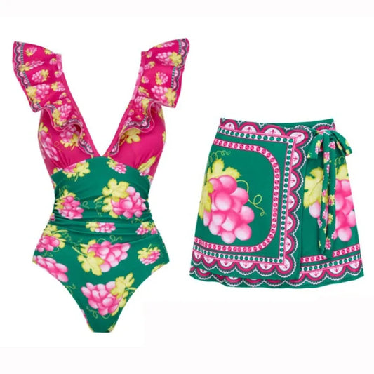 Long sleeved V-neck printed one piece swimsuit for women
