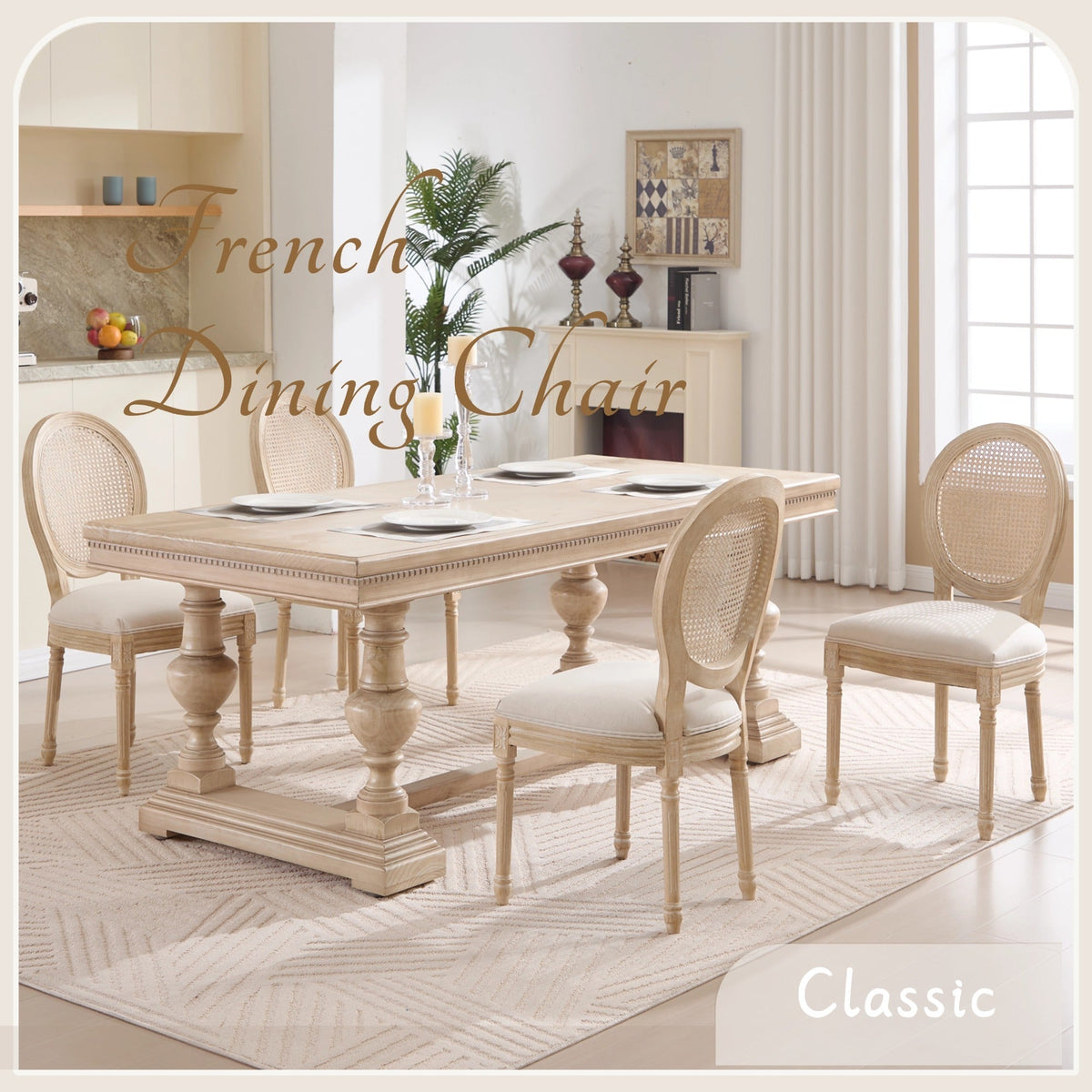 French Country Dining Chairs Set of 2 with Rattan Back - Beige Upholstery