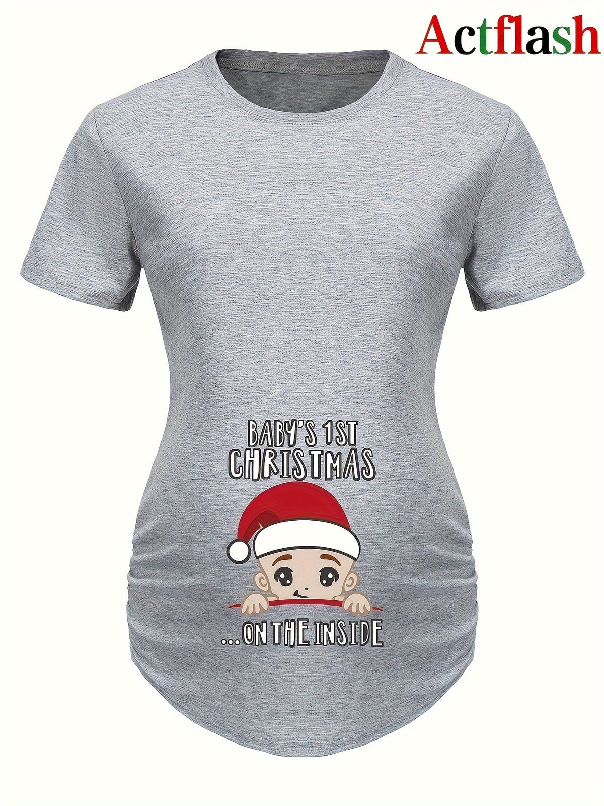 Actflash Festive Christmas Youngsters Print Maternity Tee - Comfy Polyester & Spandex Blend, Crew Neck, Short Sleeve, Perfect for Summer, Christmas Hat, Cute Youngsters Announcement Shirt