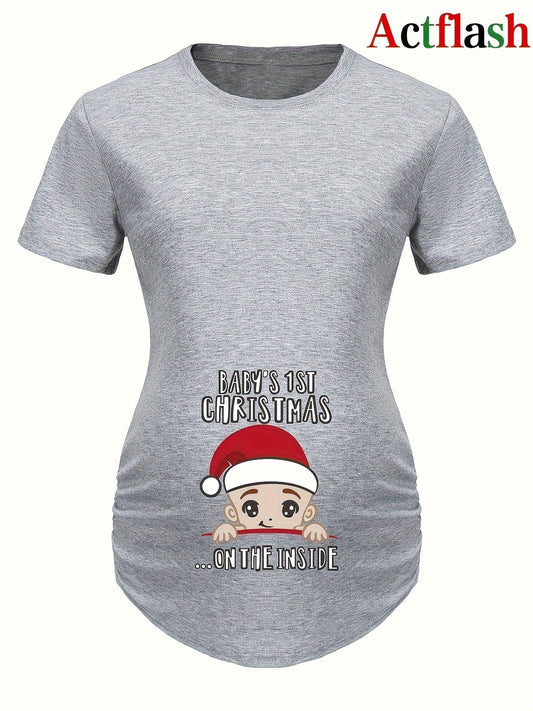 Actflash Festive Christmas Youngsters Print Maternity Tee - Comfy Polyester & Spandex Blend, Crew Neck, Short Sleeve, Perfect for Summer, Christmas Hat, Cute Youngsters Announcement Shirt