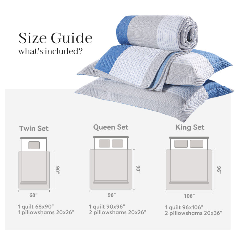 Lightweight Reversible Stripe Quilt Set Bedding- Sky Blue and Ivory White, Room Decor, Graduation Gifts, Father's Day Gift