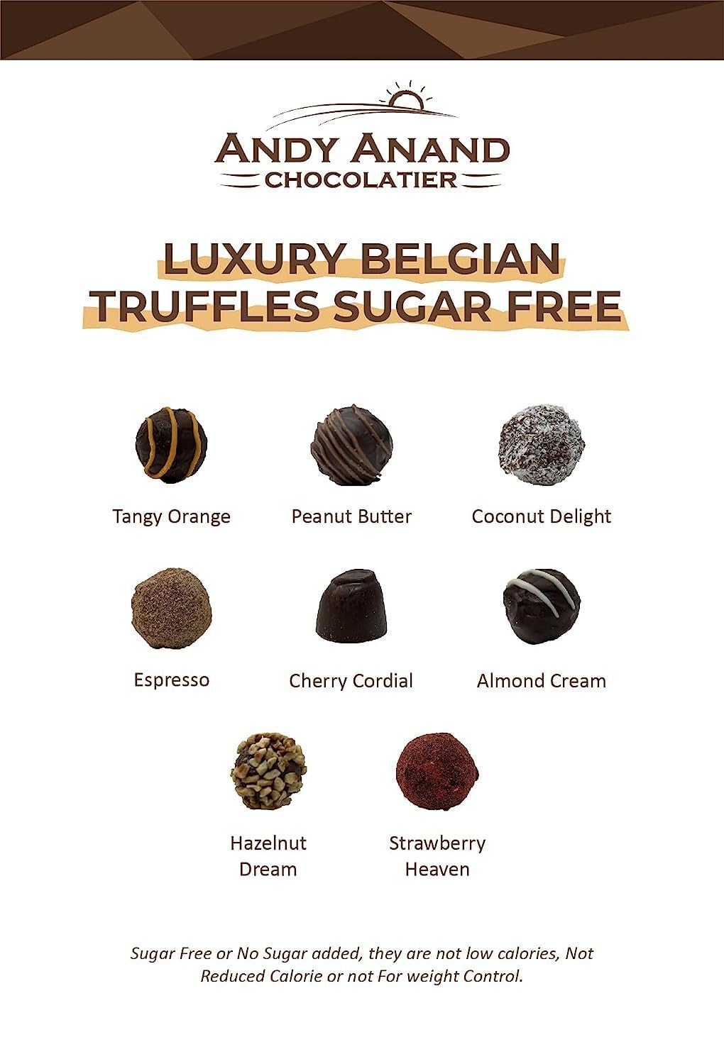 Andy Anand Sugar Free Belgian Chocolate Truffles – 24 Pc Espresso, Hazelnut, Strawberry, Coconut, Cherry & Orange, 60% Cocoa, Gluten Free Gift Box