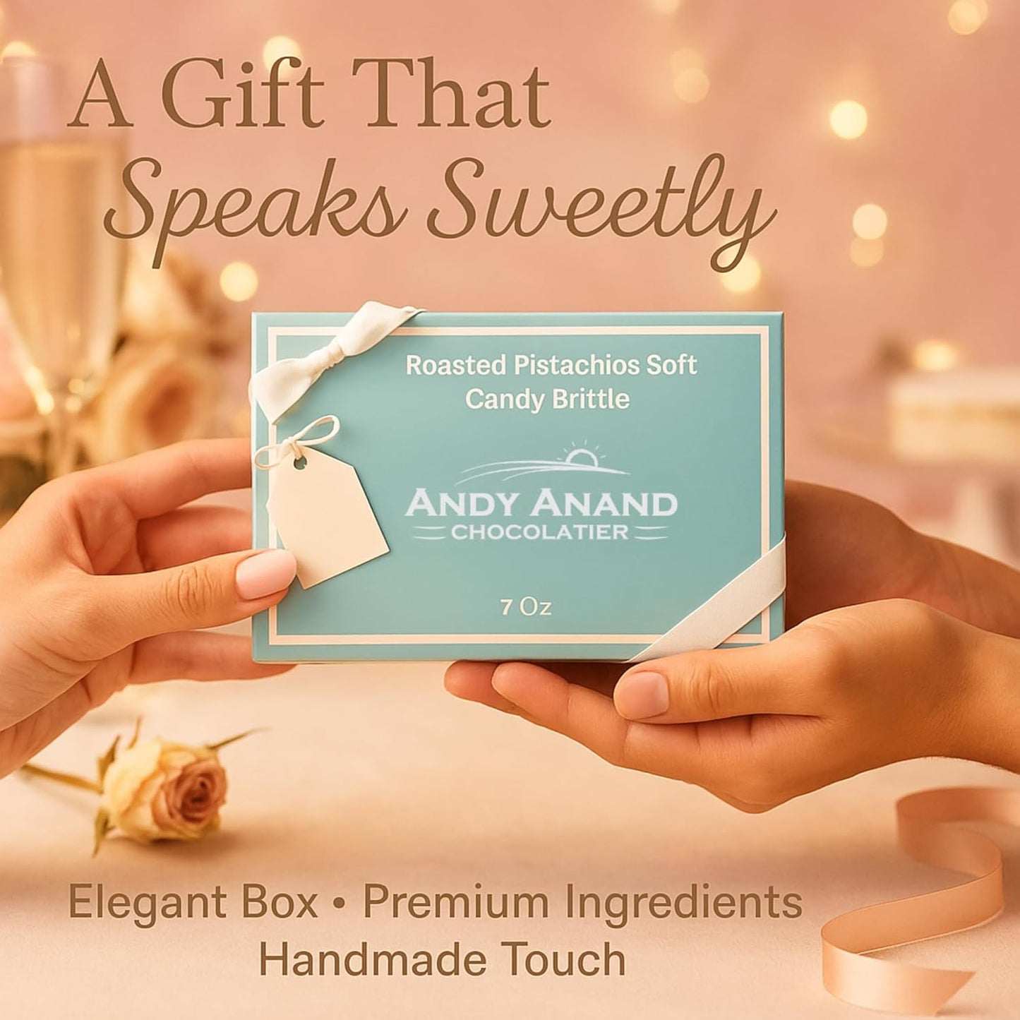 Andy Anand Gluten Free Roasted Pistachios Nougat Brittle – European Soft Nougat with Wildflower Honey & Roasted Nuts, 7 Oz