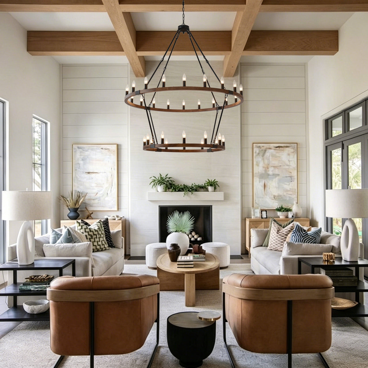 Large Solid Wood Wagon Wheel Chandelier with 2-Tier 32 Lights