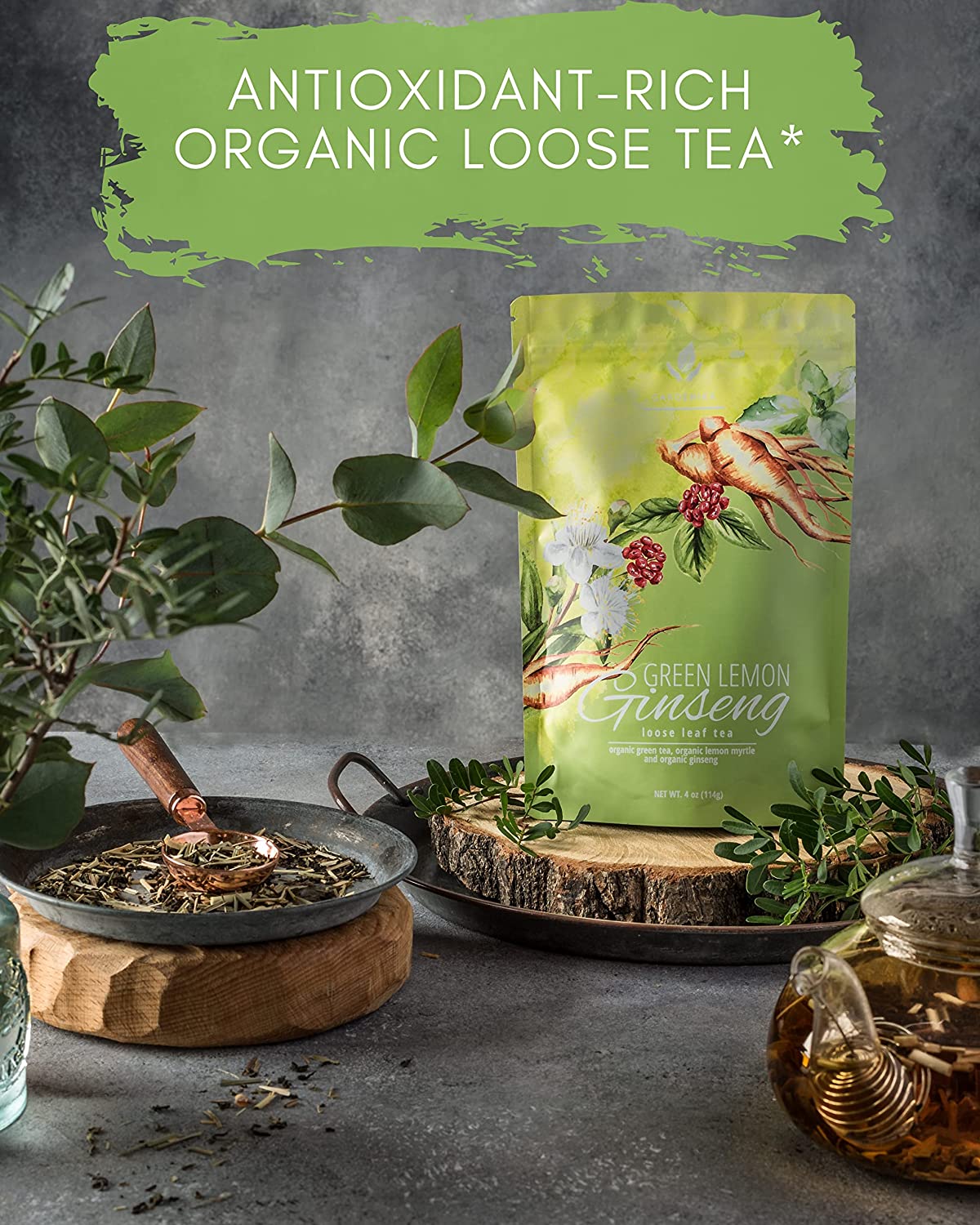 Ginseng Green Tea, Medium-Caffeine - Energy Boost - Organic & Kosher