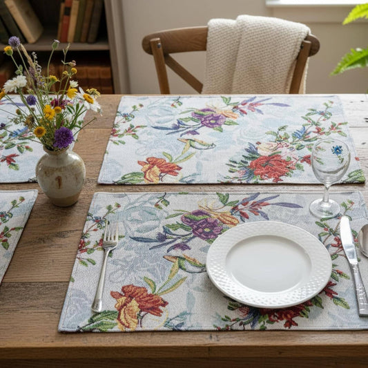 DaDa Bedding Set of 4-Pieces Tropical Sky Blue Birds Floral Tapestry Dining Table Placemats 13” x 19” (18116)