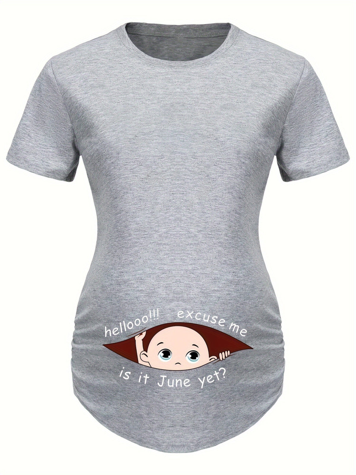 Hello Month & Cartoon Character Print Maternity T-Shirt, Round Neck Short Sleeve Pregnant Women's Top for Pregnancy Announcement - Comfortable Fit