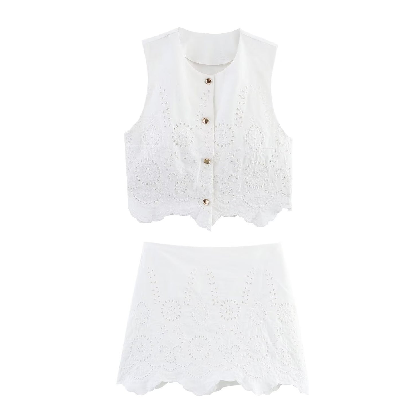 Hollow vest top+embroidered skirt pants set for women