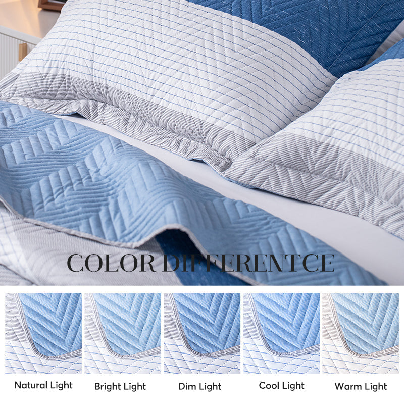 Lightweight Reversible Stripe Quilt Set Bedding- Sky Blue and Ivory White, Room Decor, Graduation Gifts, Father's Day Gift
