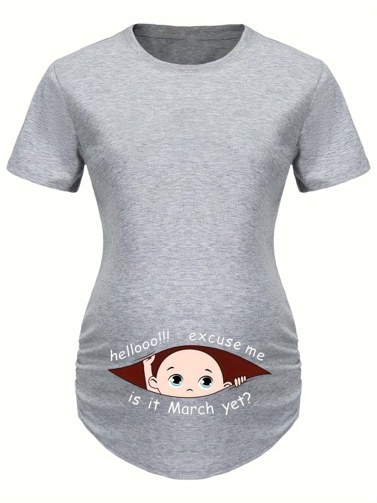 Hello Month & Cartoon Character Print Maternity T-Shirt, Round Neck Short Sleeve Pregnant Women's Top for Pregnancy Announcement - Comfortable Fit