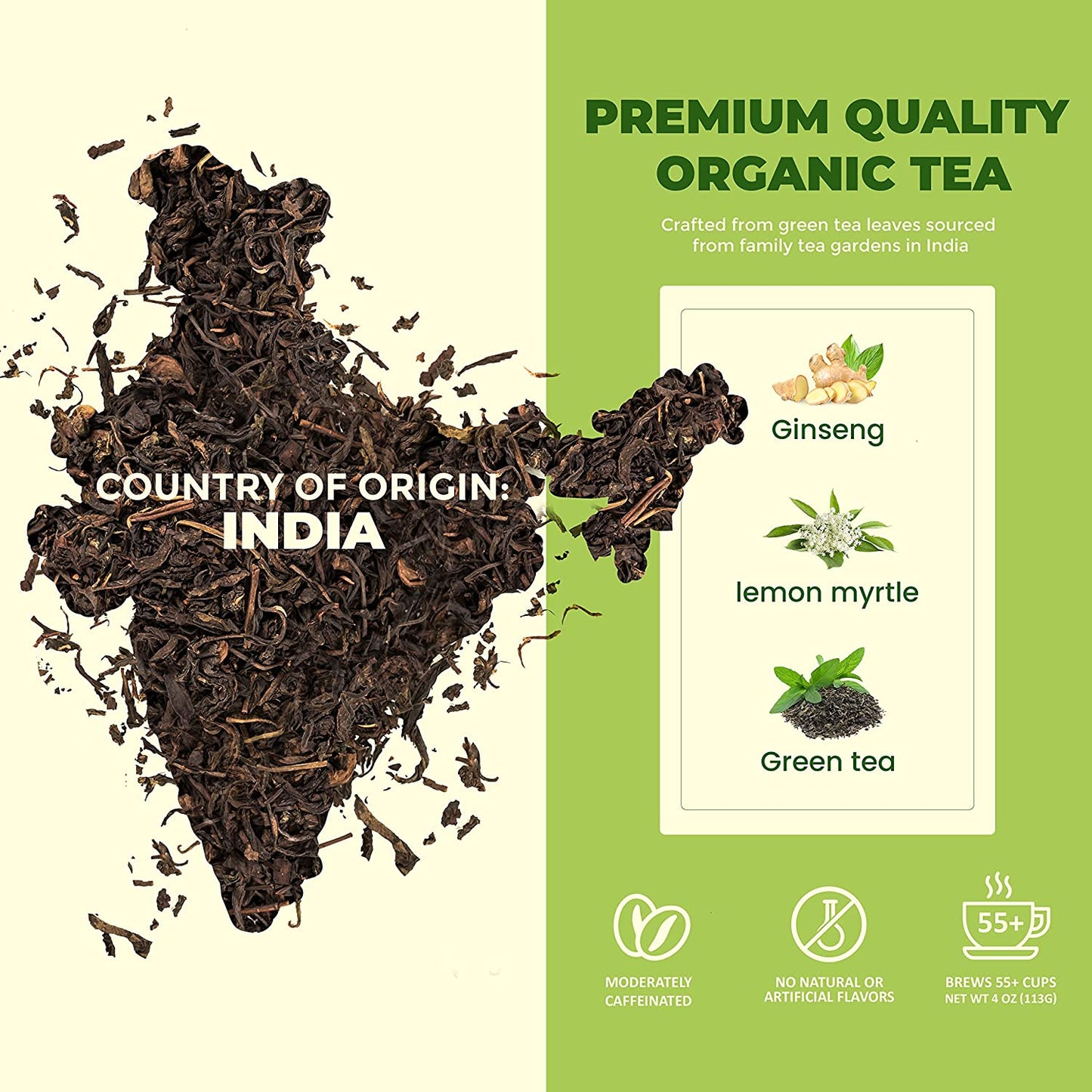 Ginseng Green Tea, Medium-Caffeine - Energy Boost - Organic & Kosher