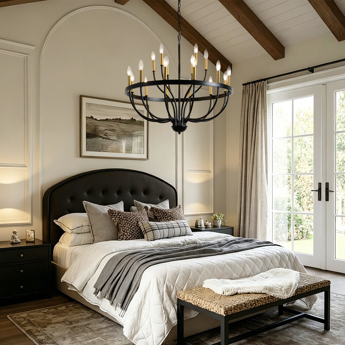 18-Light Industrial Iron Candle Chandelier with Adjustable Height - Gold & Black