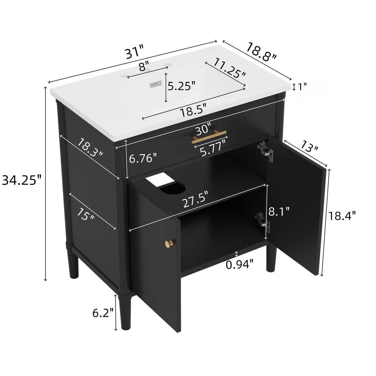 Bathroom Vanity with Sink and Adjustable Shelf - Soft Close Doors - Black, Green, or White