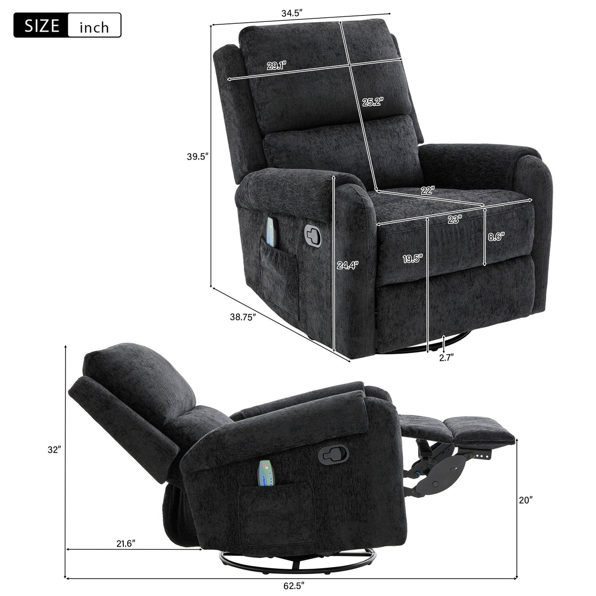 Manual Recliner Massage Chair With Swivel Rocker