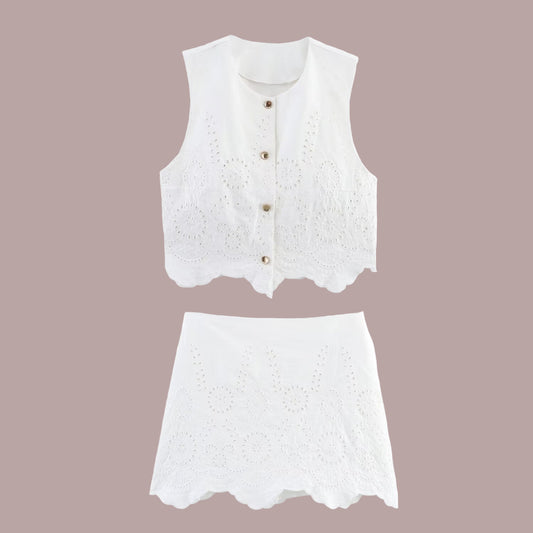 Hollow vest top+embroidered skirt pants set for women