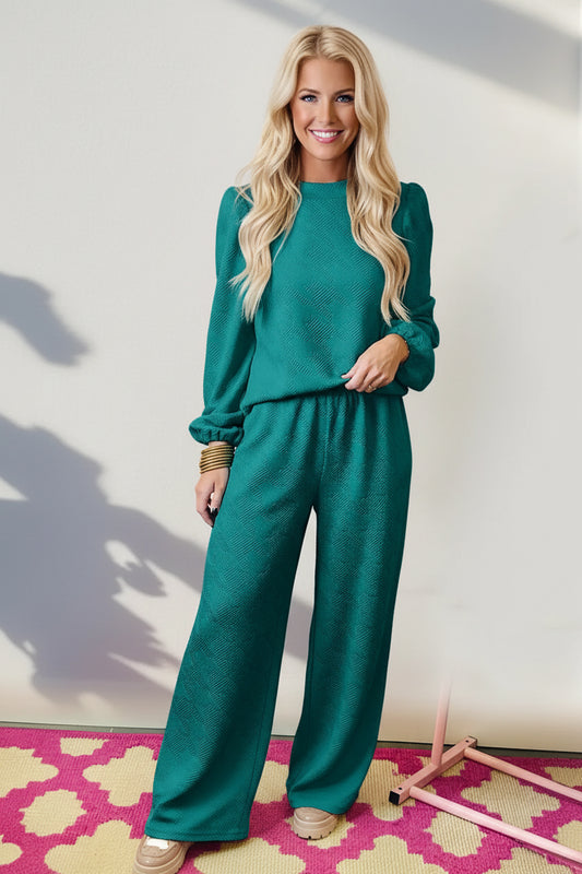 Double Take Texture Long Sleeve Top and Wide Leg Pants Set