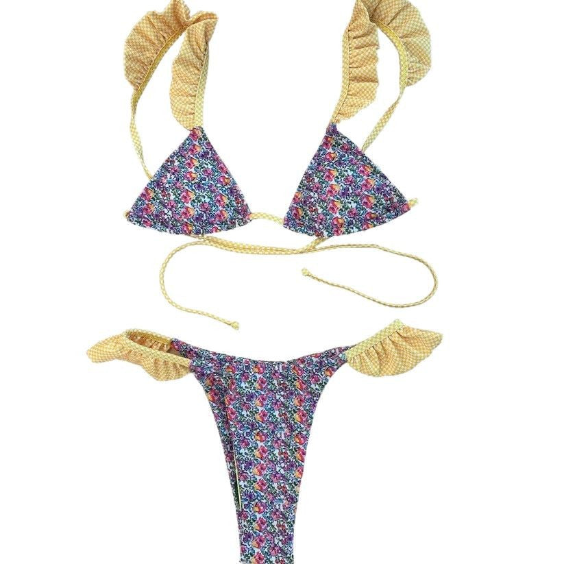 Bikini split swimsuit women's sexy ruffle edge strap swimsuit thong two-piece set