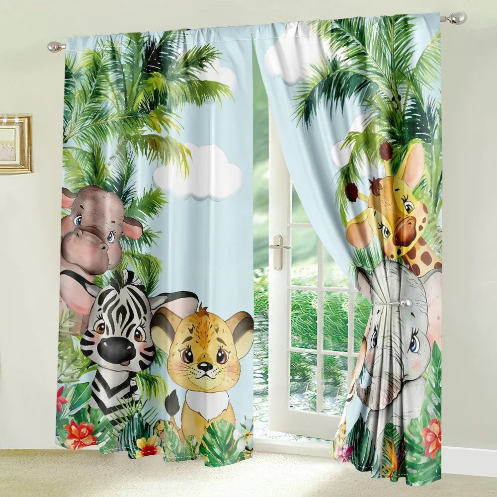 2Pcs Tropical Jungle Animal Cartoon Curtains Living Room Bedroom Window Decor or Kids Room