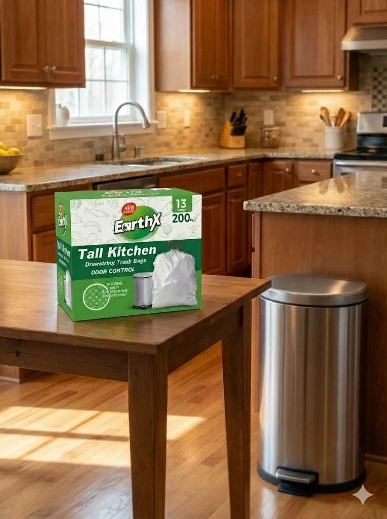 EarthX Tall Kitchen Drawstring Trash Bags 13 Gallon >200 Count Odor Control Food Waste LDPE Material Made in US