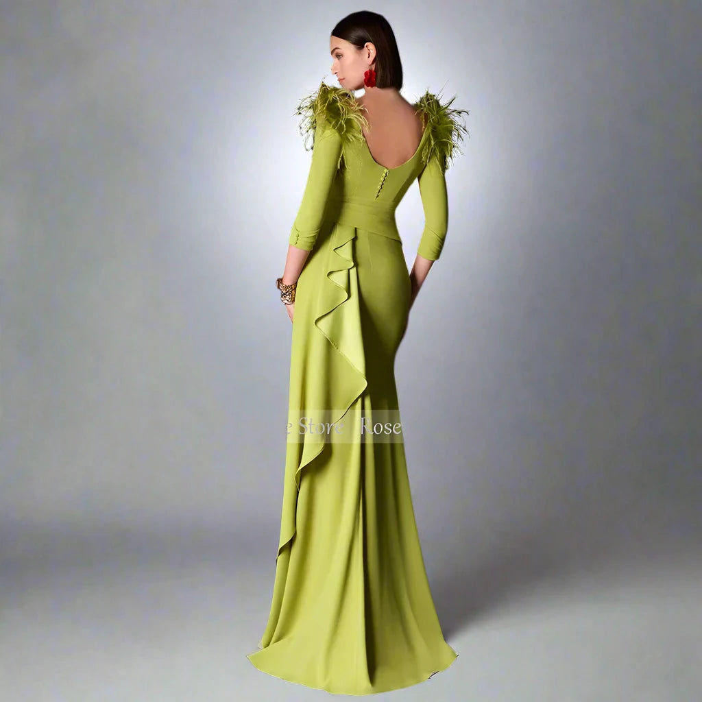 Women Classic Satin Feather Ruffles Button Formal Evening Long Dresses