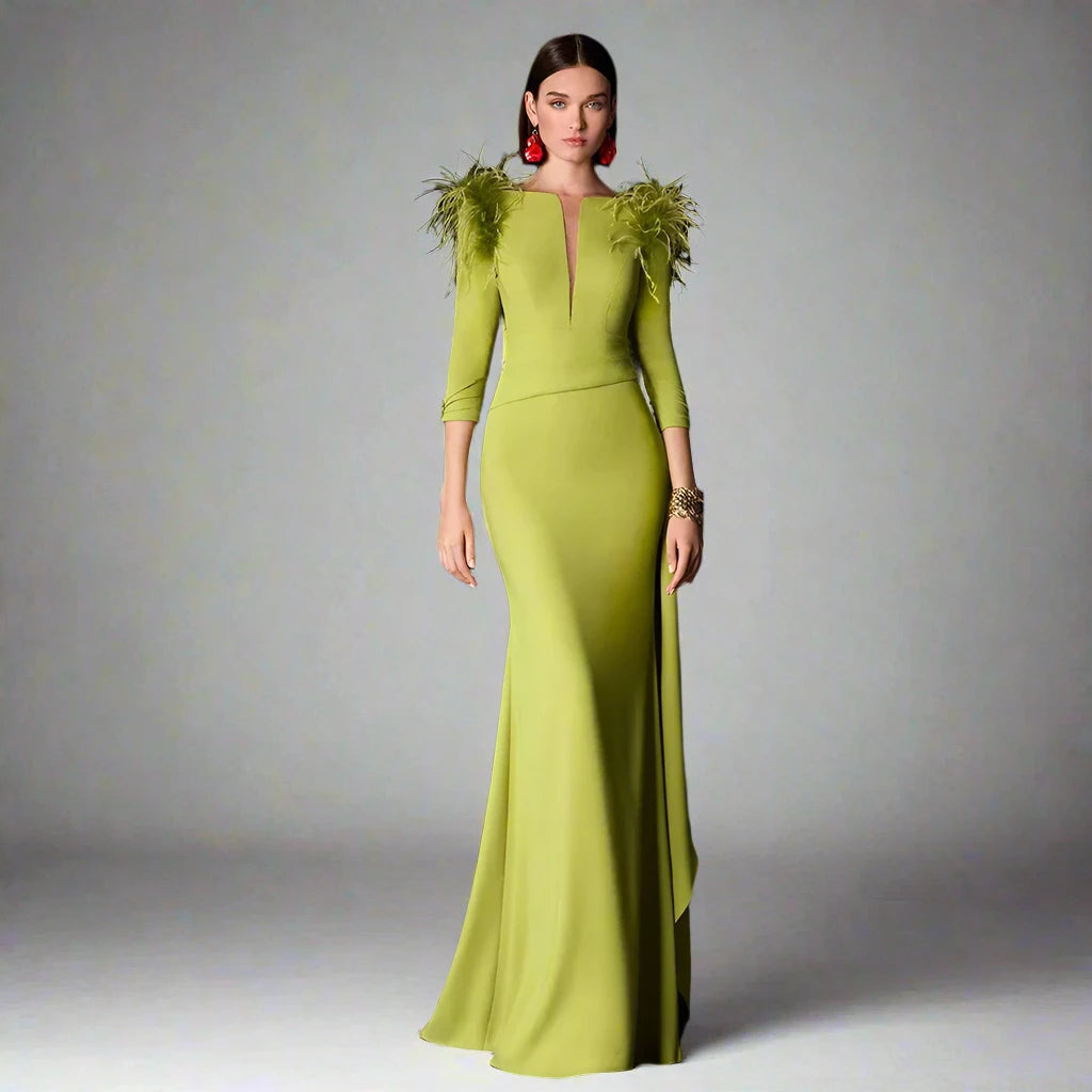 Women Classic Satin Feather Ruffles Button Formal Evening Long Dresses