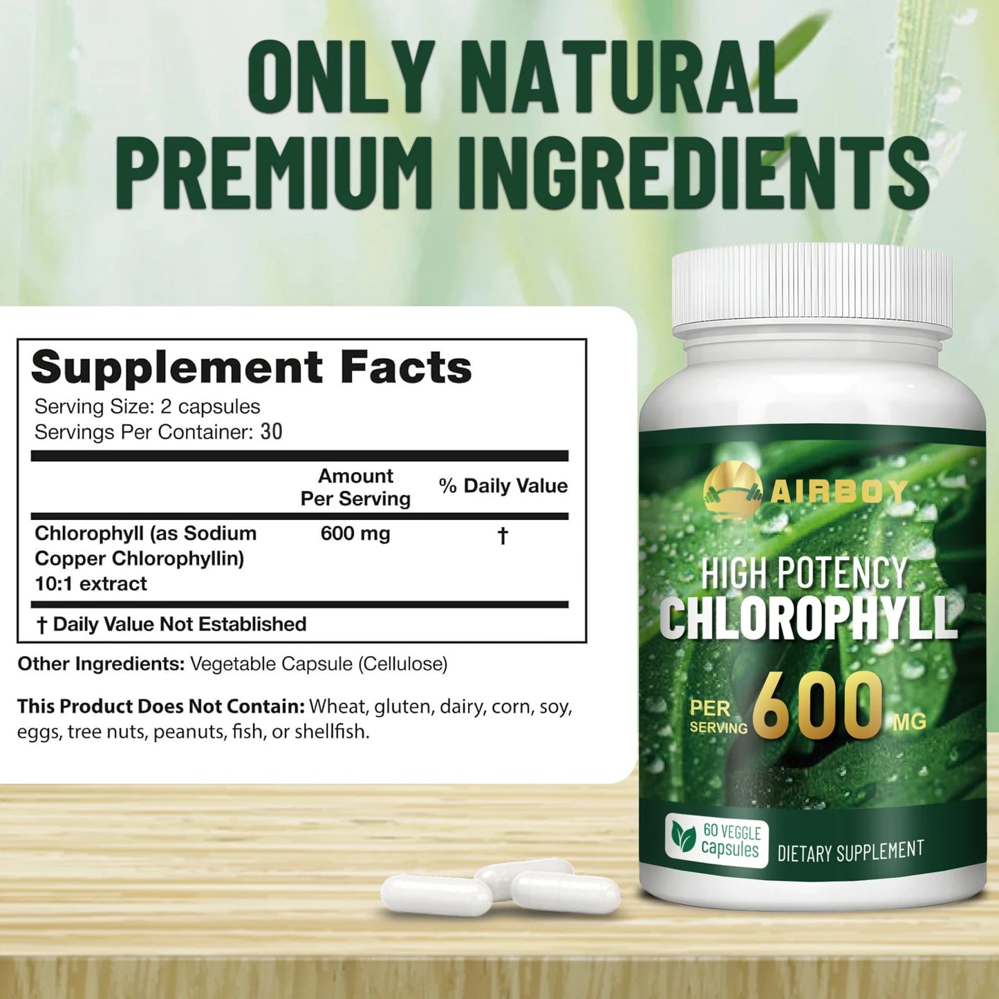 Chlorophyll Supplement 600mg - Relieves Eye Fatigue, Enhances Energy, Internal Cleanliness, Enhances Immunity - 60 Capsules