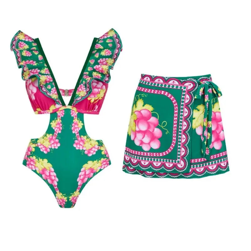 Long sleeved V-neck printed one piece swimsuit for women