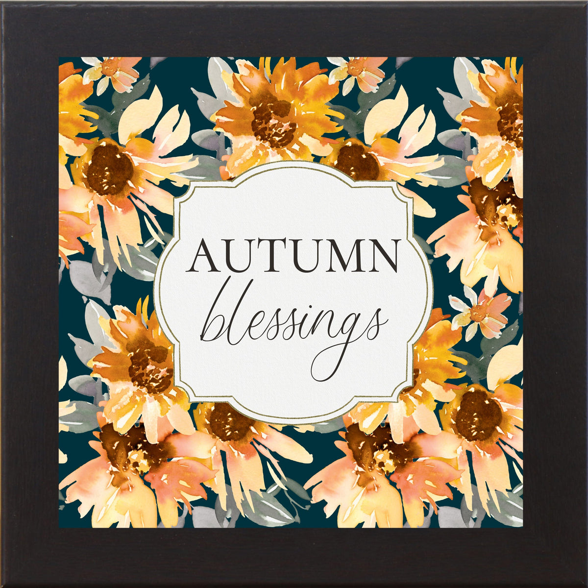 Autumn Blessings Wall Art – Navy Sunflower Fall Floral Square Farmhouse Framed Decor (SB307)