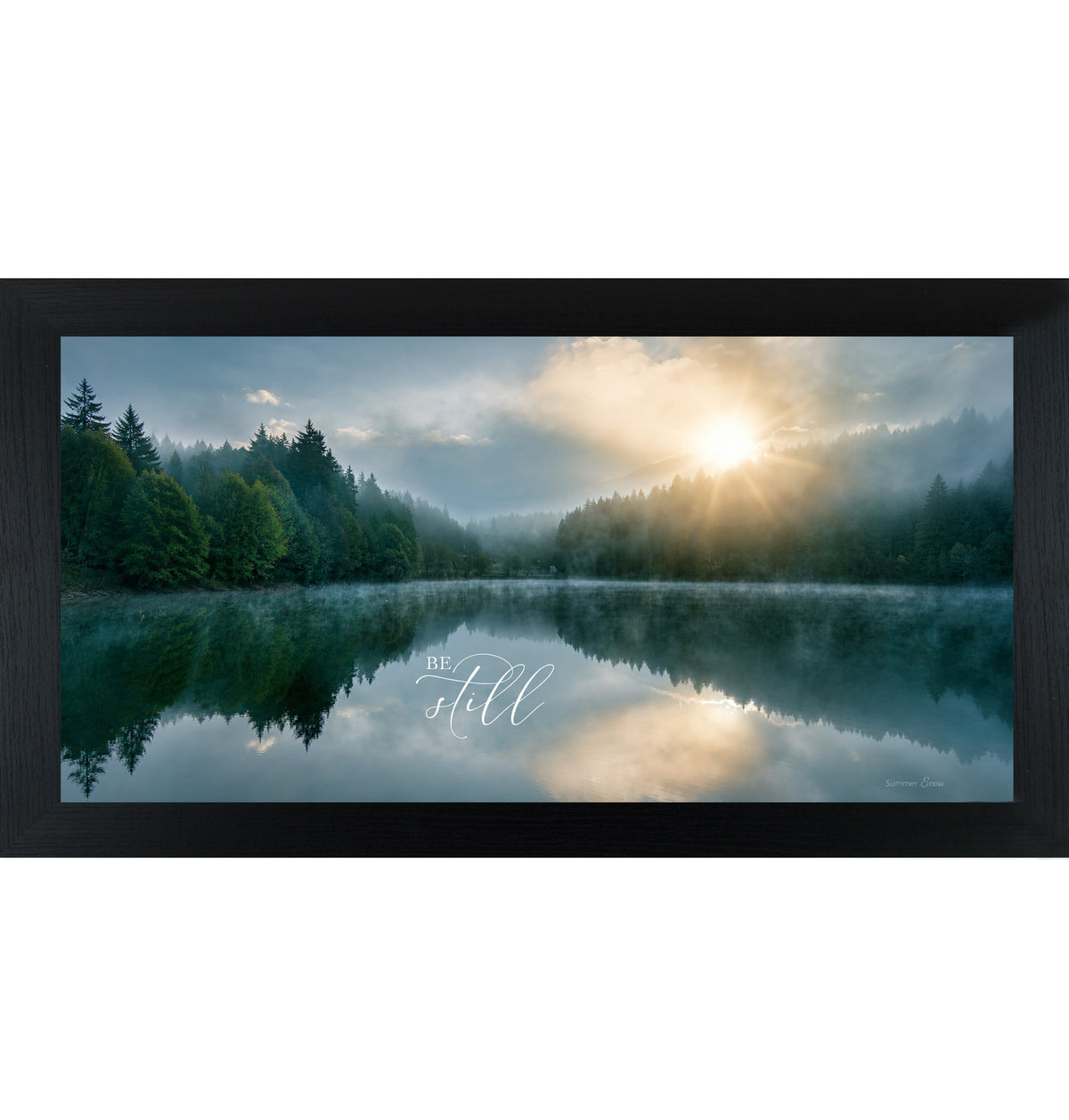 Be Still Wide Landscape Wall Art – Misty Lake Sunrise Christian Scripture Decor (SB765)