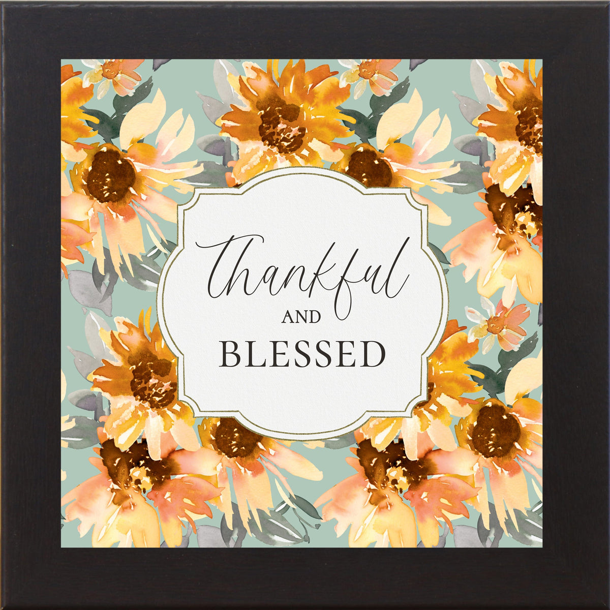Thankful and Blessed Wall Art – Sage Sunflower Fall Floral Square Farmhouse Framed Decor (SB308)
