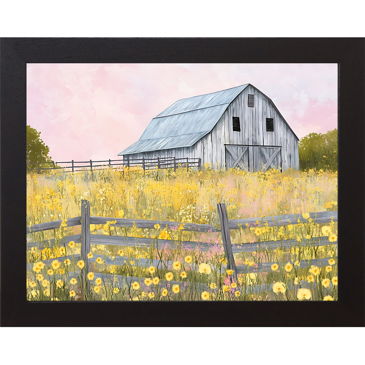 Yellow Wildflower Barn Wall Art – Farmhouse Summer Scenic Landscape Decor (SB253)