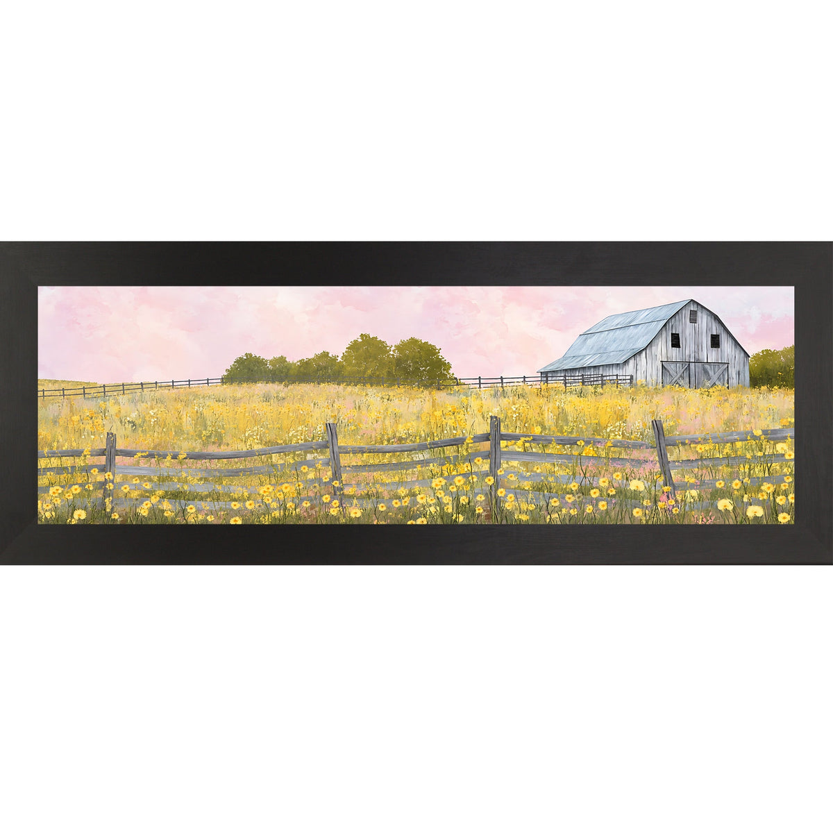 Yellow Wildflower Barn Wide Landscape Wall Art – Farmhouse Summer Scenic Panoramic Decor (SB950)