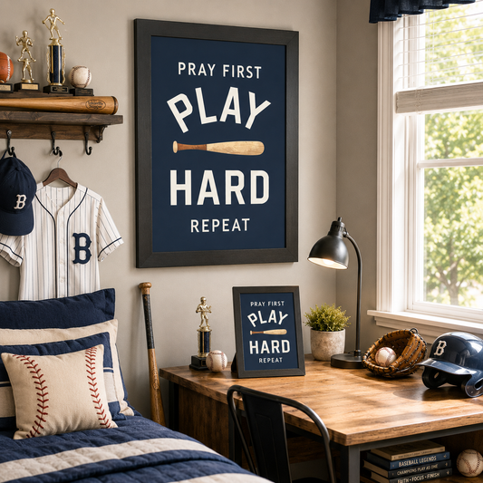 Pray First Play Hard Repeat Baseball Wall Art – Christian Sports Boys Room Decor (SB258)