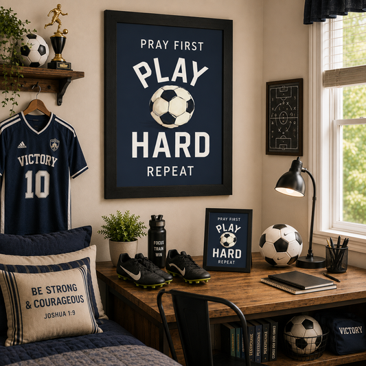 Pray First Play Hard Repeat Soccer Wall Art – Christian Sports Boys Room Decor (SB261)