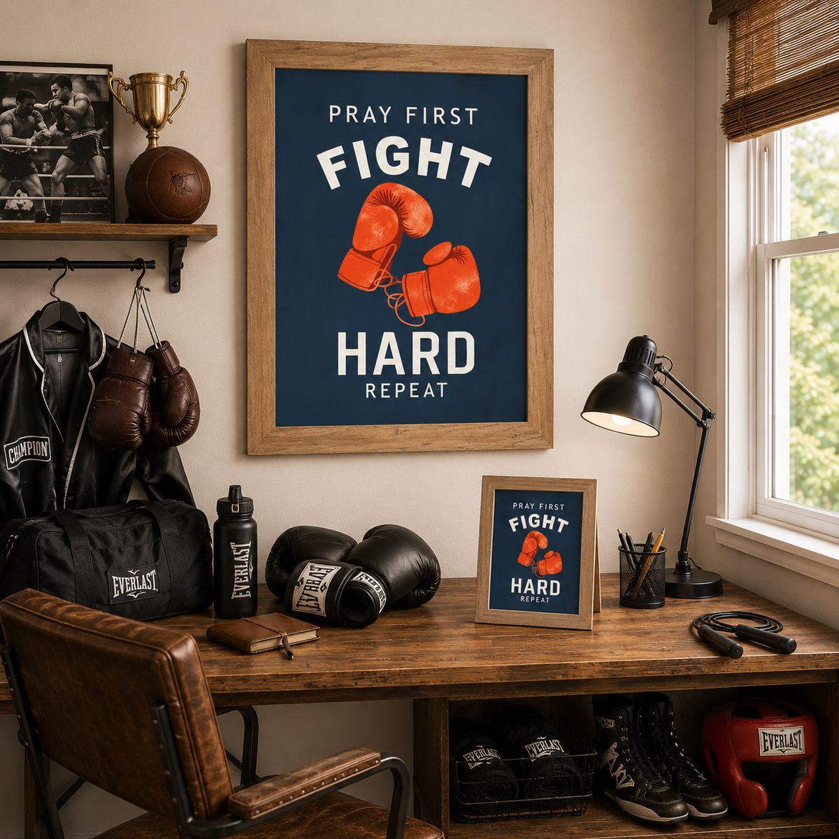Pray First Fight Hard Repeat Boxing Wall Art – Christian Sports Bedroom Decor (SB262)