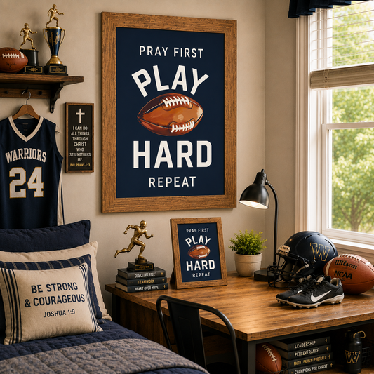Pray First Play Hard Repeat Football Wall Art – Christian Sports Boys Room Decor (SB260)