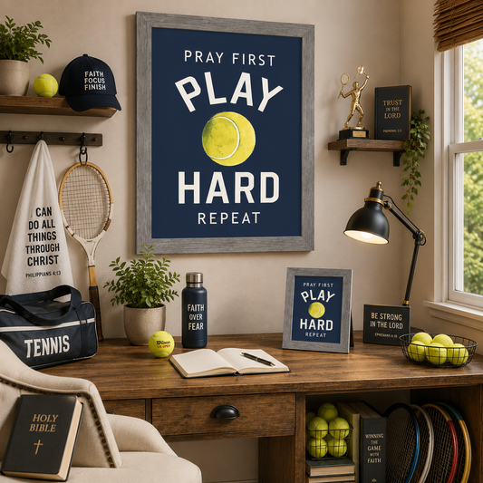 Pray First Play Hard Repeat Tennis Wall Art – Christian Sports Bedroom Decor (SB263)