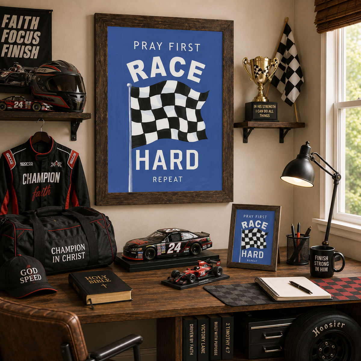 Pray First Race Hard Repeat Wall Art – Christian Racing Bedroom Decor (SB264)