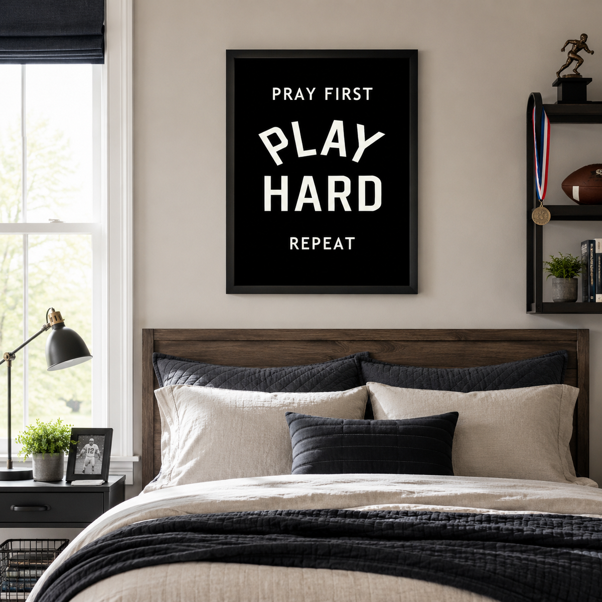 Pray First Play Hard Repeat Wall Art – Christian Athlete Sports Black Decor (SB242)