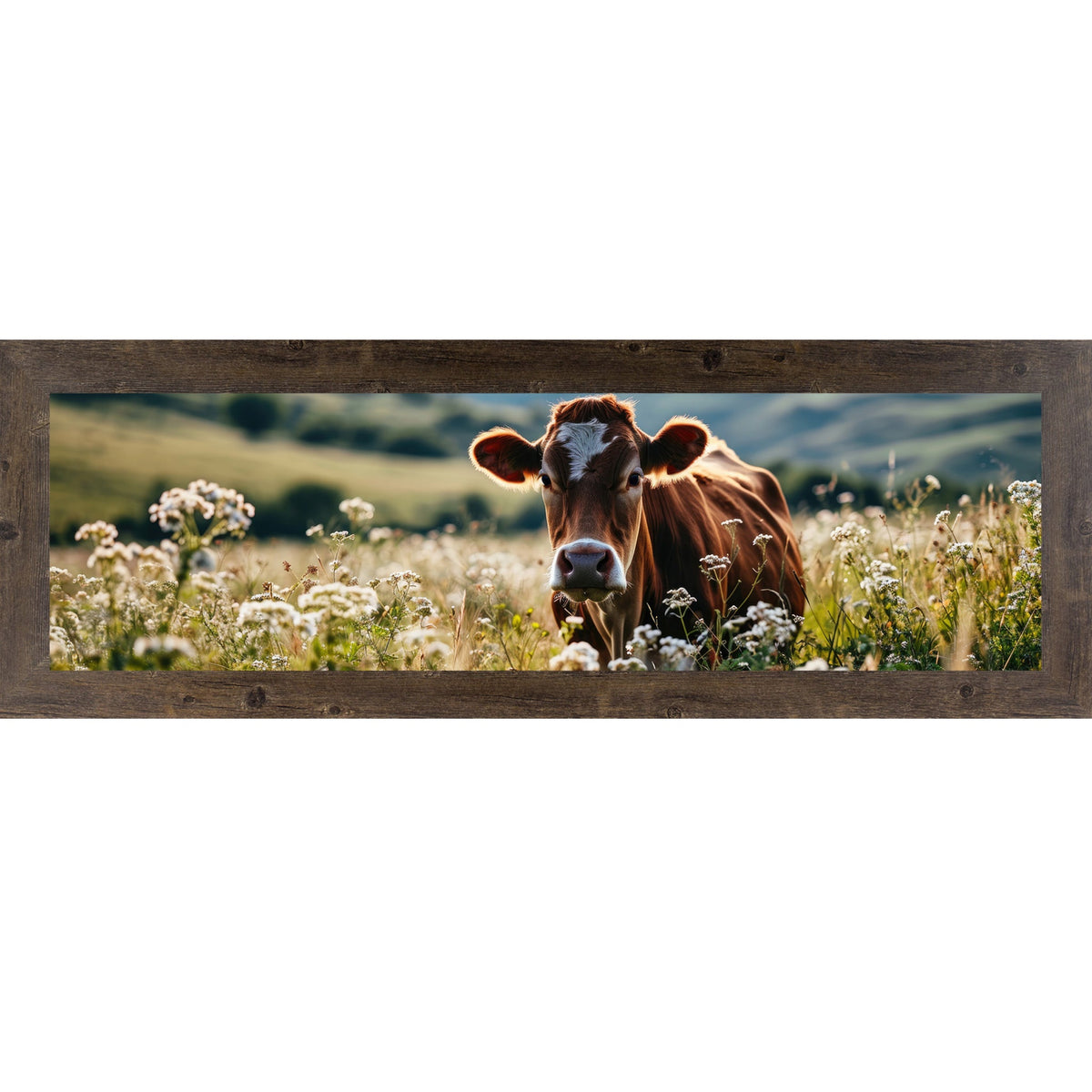 Jersey Cow Wildflower Panoramic Wall Art – Farmhouse Cattle Wide Landscape Decor (SB938)