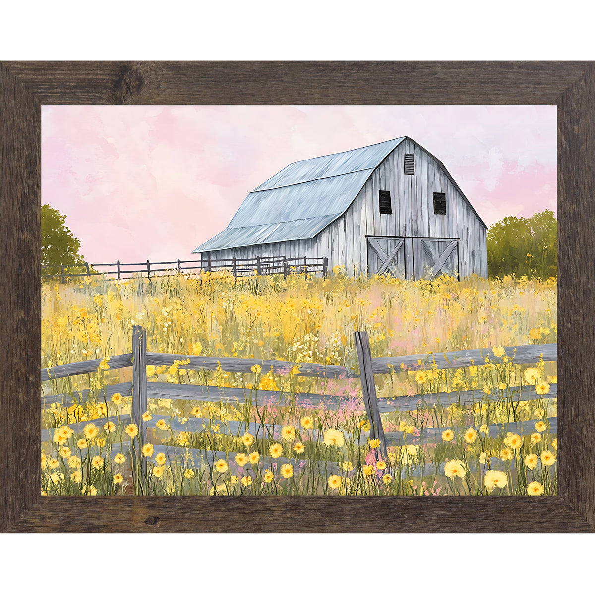 Yellow Wildflower Barn Wall Art – Farmhouse Summer Scenic Landscape Decor (SB253)